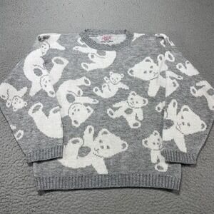Vintage Adele Knitwear Sweater Womens Medium Gray Teddy Bear Crewneck‎ 80s USA